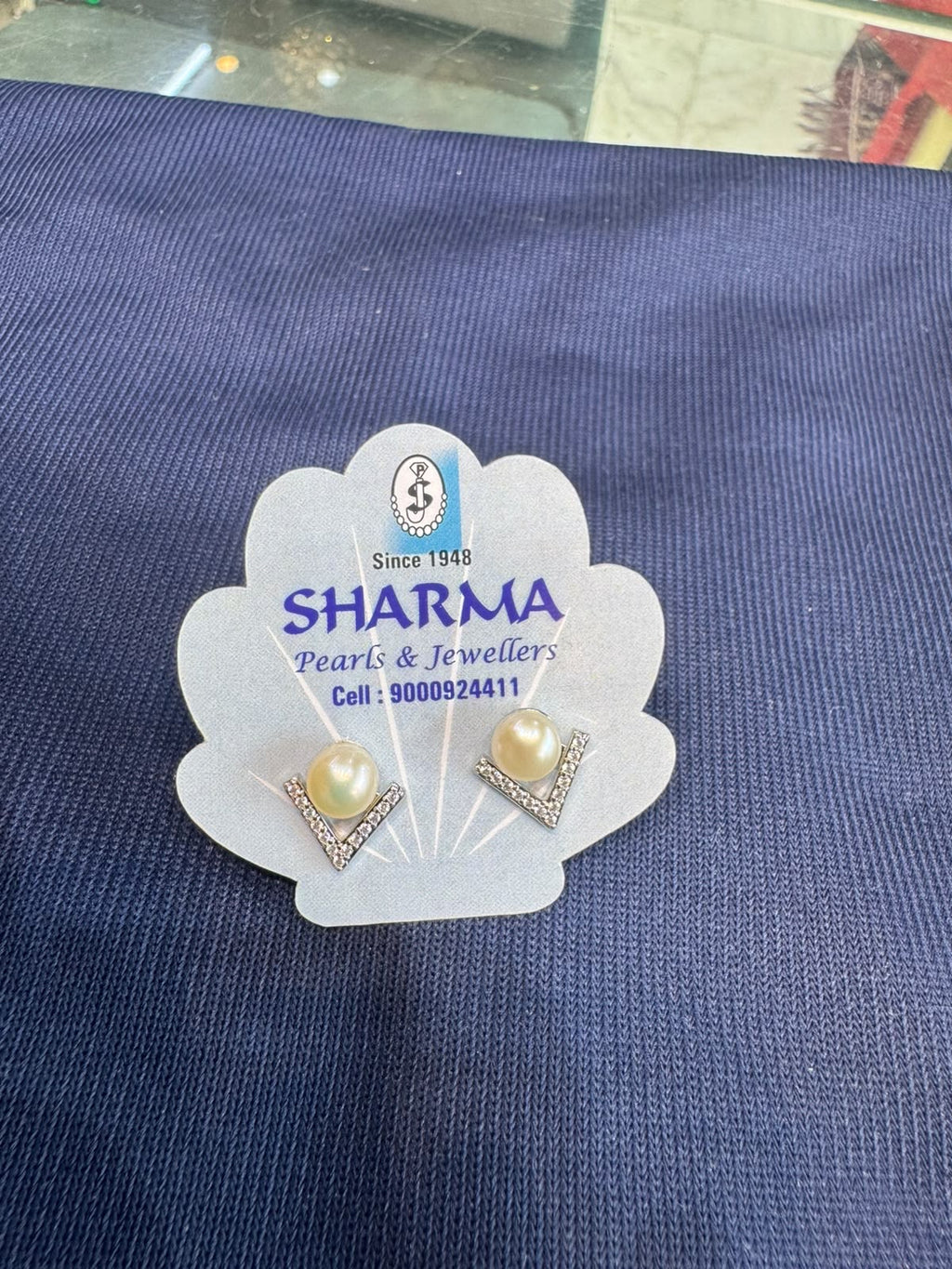 Pearl V-Shape Stud Earrings with Crystal Detailing