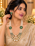 Green Pearl Multi-Strand Necklace Set with Emerald-Coloured Floral Motifs