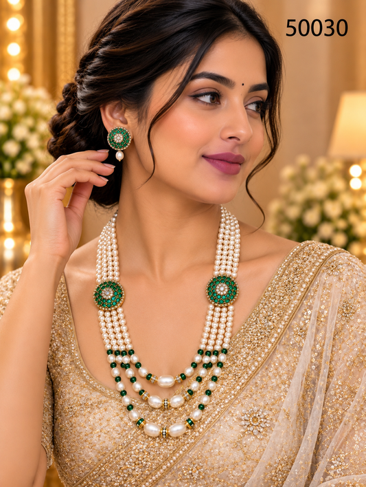 Green Pearl Multi-Strand Necklace Set with Emerald-Coloured Floral Motifs