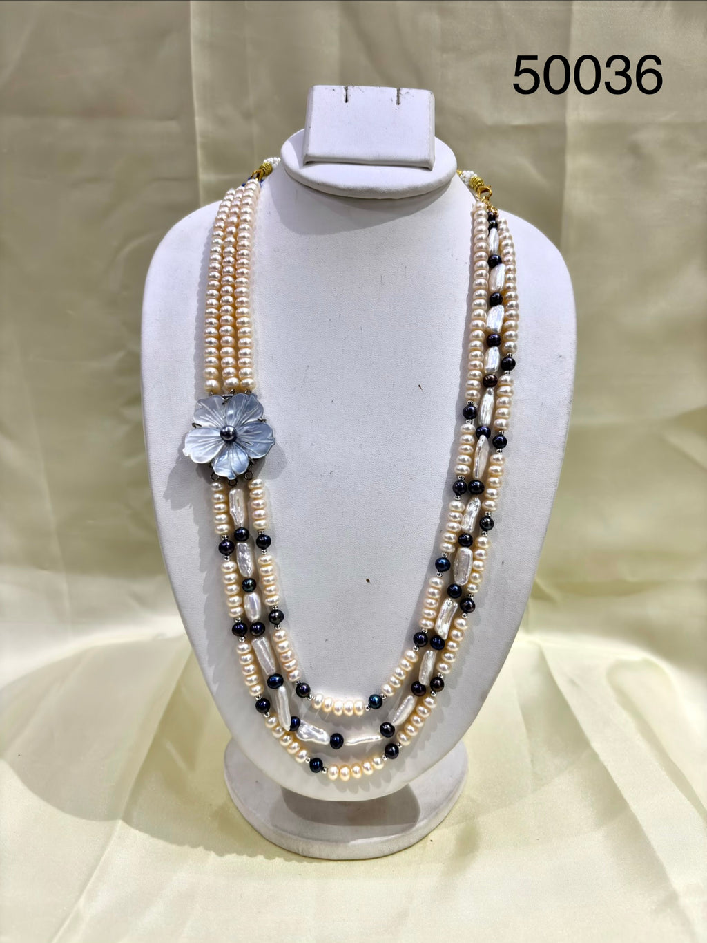 Blue Pearl Multi-Strand Necklace Set with Floral Designer Motif
