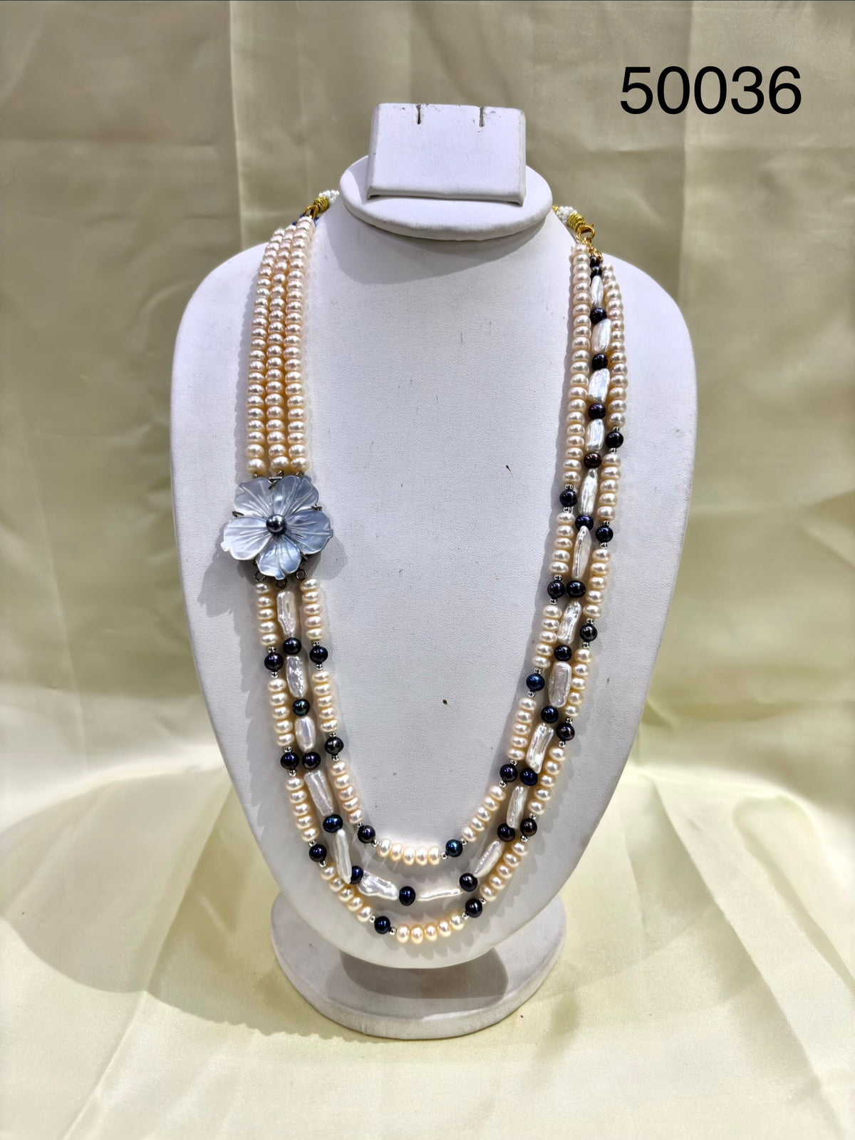 Blue Pearl Multi-Strand Necklace Set with Floral Designer Motif