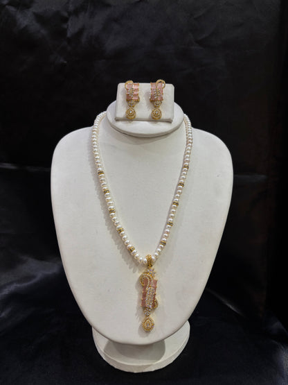 Freshwater Pearl Necklace Set with Blush Pink CZ Pendant – Code 50010