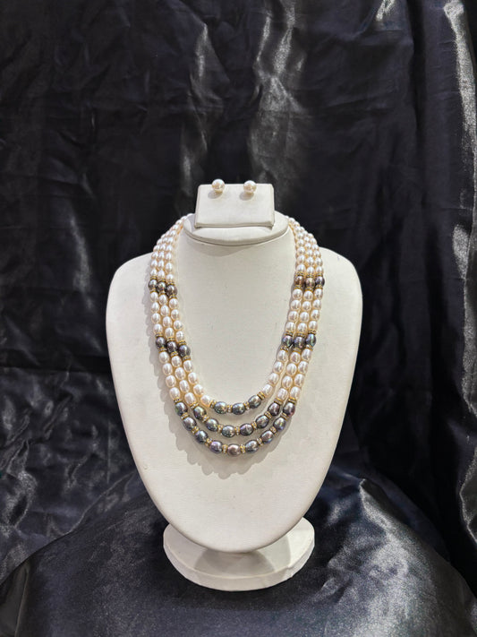 Luxury Triple Layer White & Peacock Pearl Necklace Set