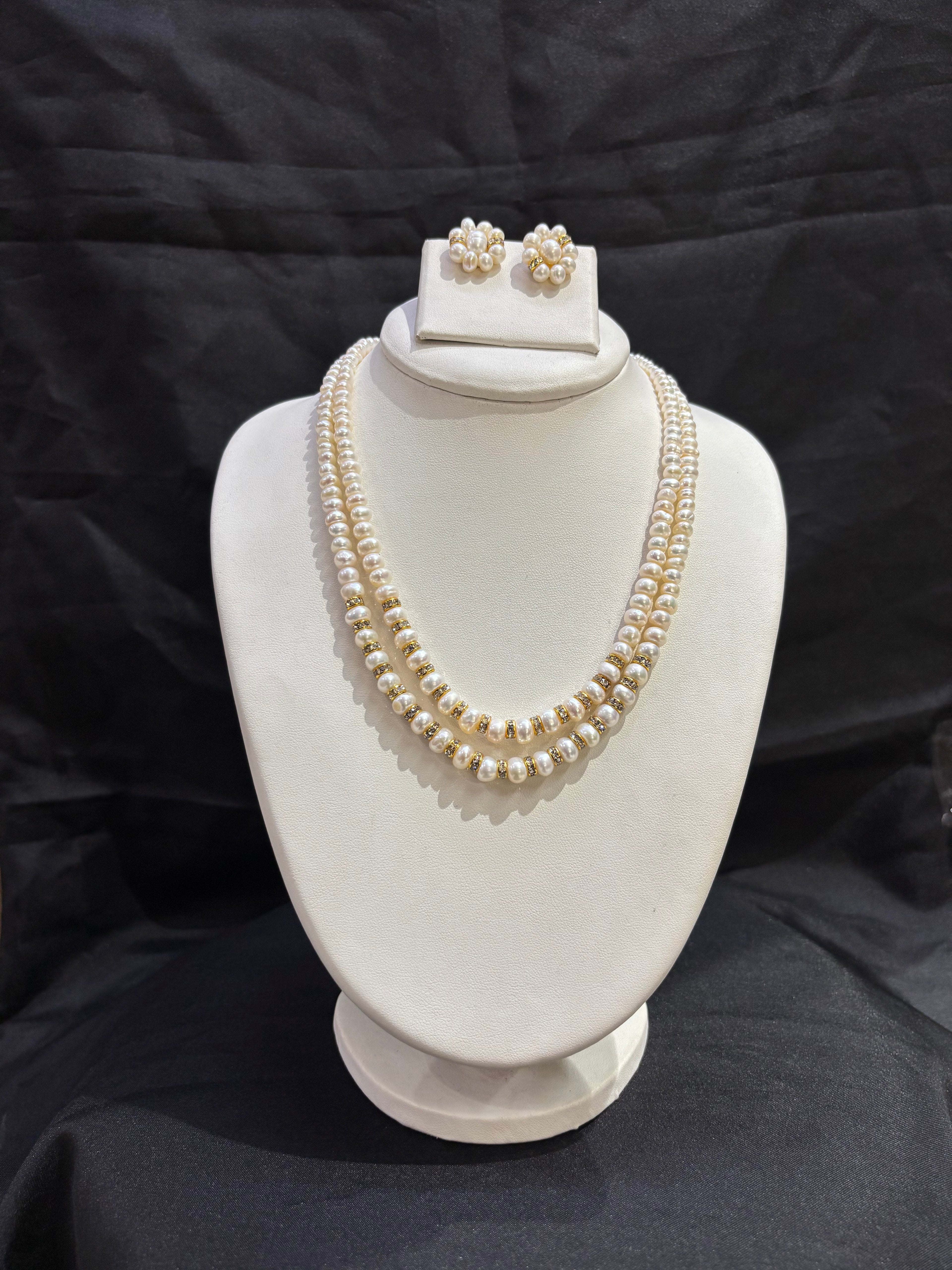 Premium Double Layer Freshwater Pearl Necklace Set with Crystal Spacers