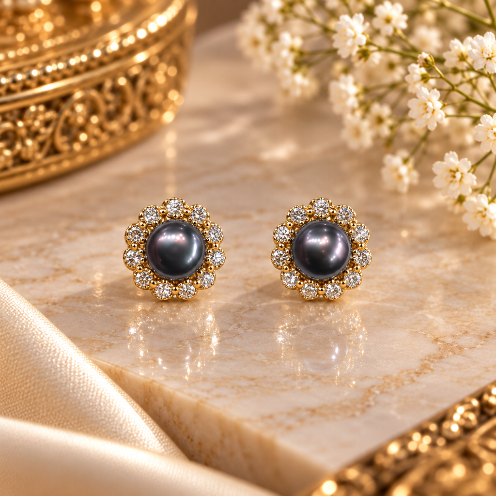 Black Pearl Floral Stud Earrings – Code 7004