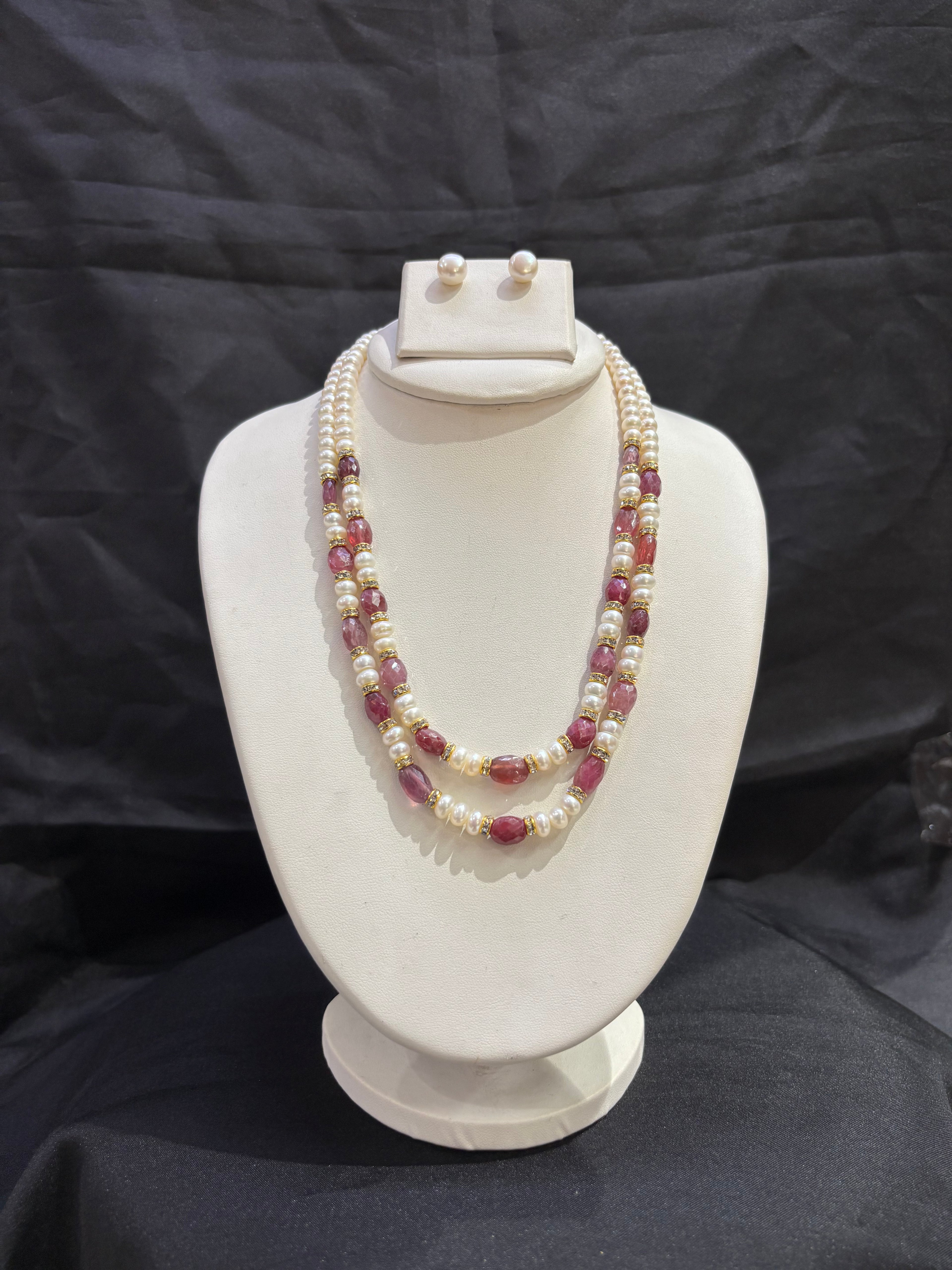 Double Layer Freshwater Pearl Necklace Set with Ruby Gemstone Accents