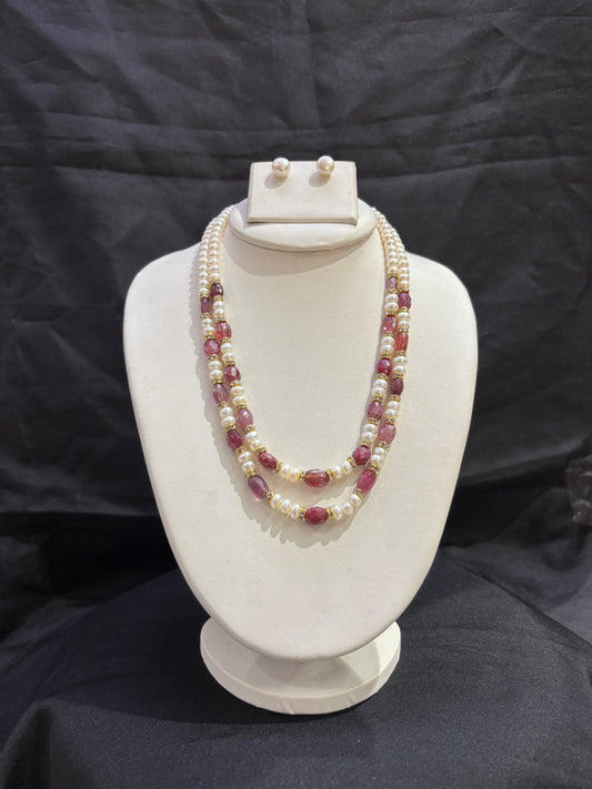 Double Layer Freshwater Pearl Necklace Set with Ruby Gemstone Accents