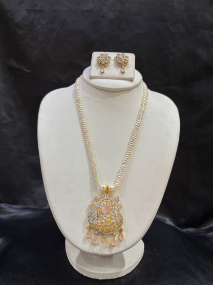 Freshwater Pearl Necklace Set with Blush Pink CZ Designer Pendant – Code 50022