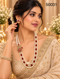 Red Pearl Multi-Strand Necklace Set with Designer Floral Pendant