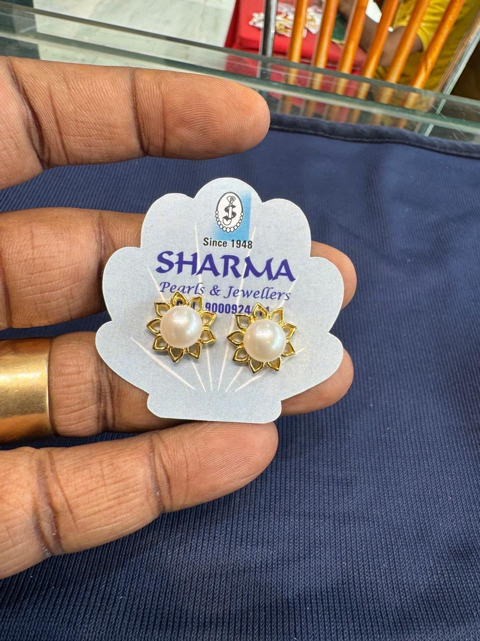 Golden Pearl Floral Stud Earrings