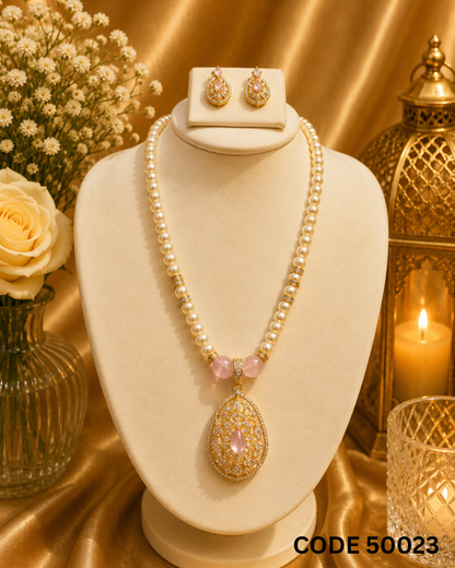 Freshwater Pearl Necklace Set with Blush Pink Designer Pendant – Code 50023