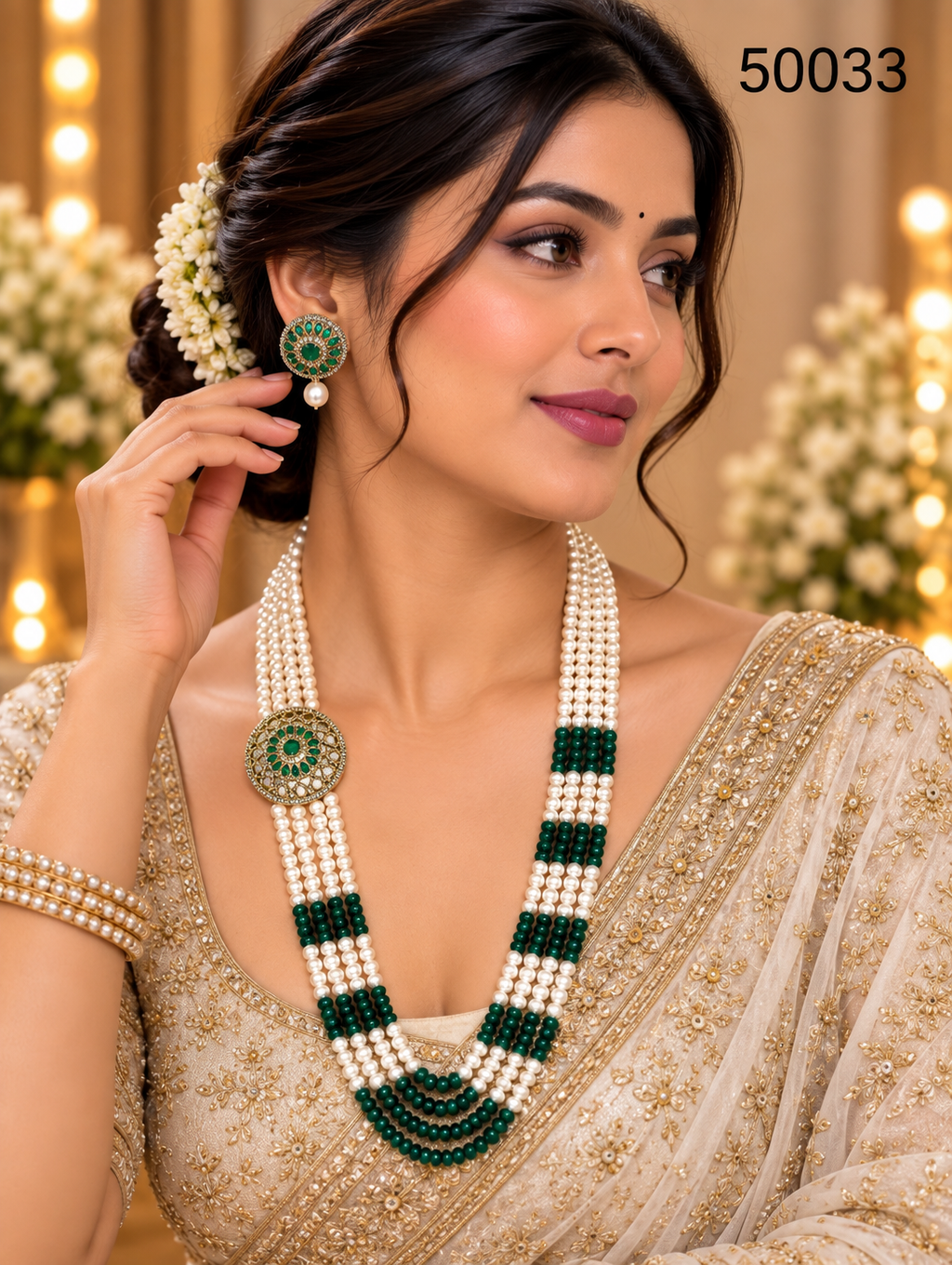 Green & White Pearl Multi-Strand Necklace Set with Designer Pendant