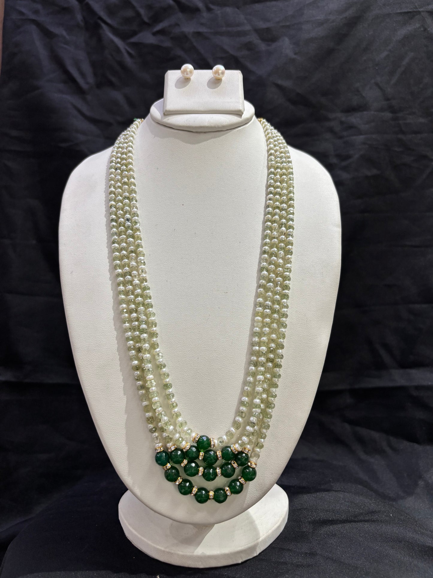 Elegant Green Onyx & Freshwater Pearl 4-Line Necklace Set