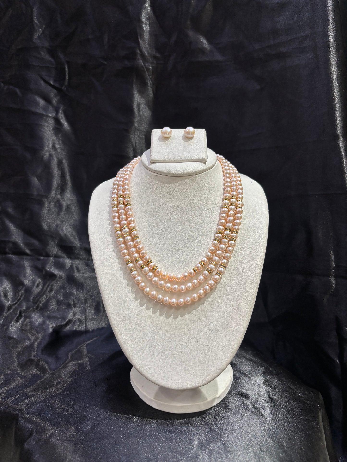 Luxury Triple Layer Pink Baroque Freshwater Pearl Necklace Set