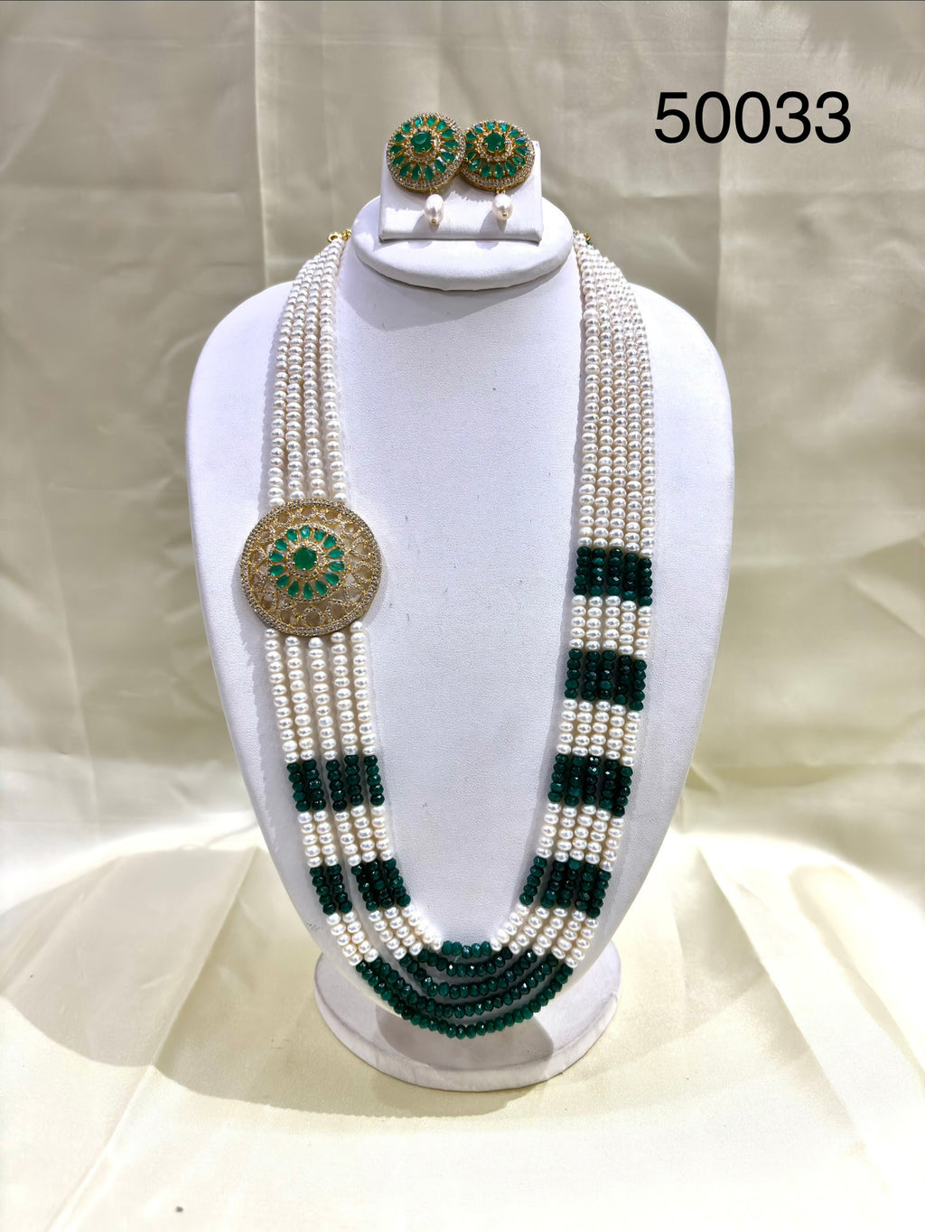 Green & White Pearl Multi-Strand Necklace Set with Designer Pendant