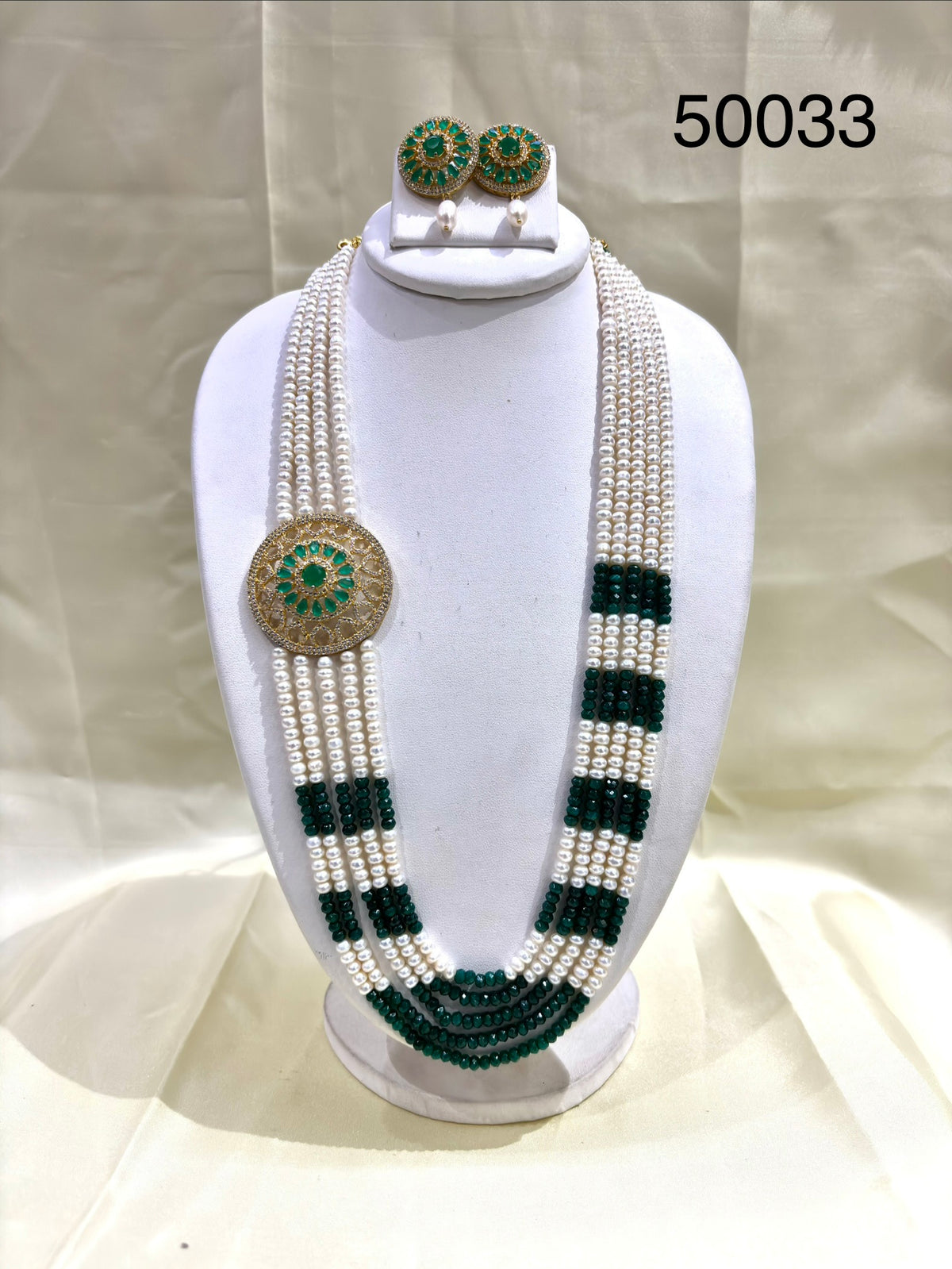 Green & White Pearl Multi-Strand Necklace Set with Designer Pendant