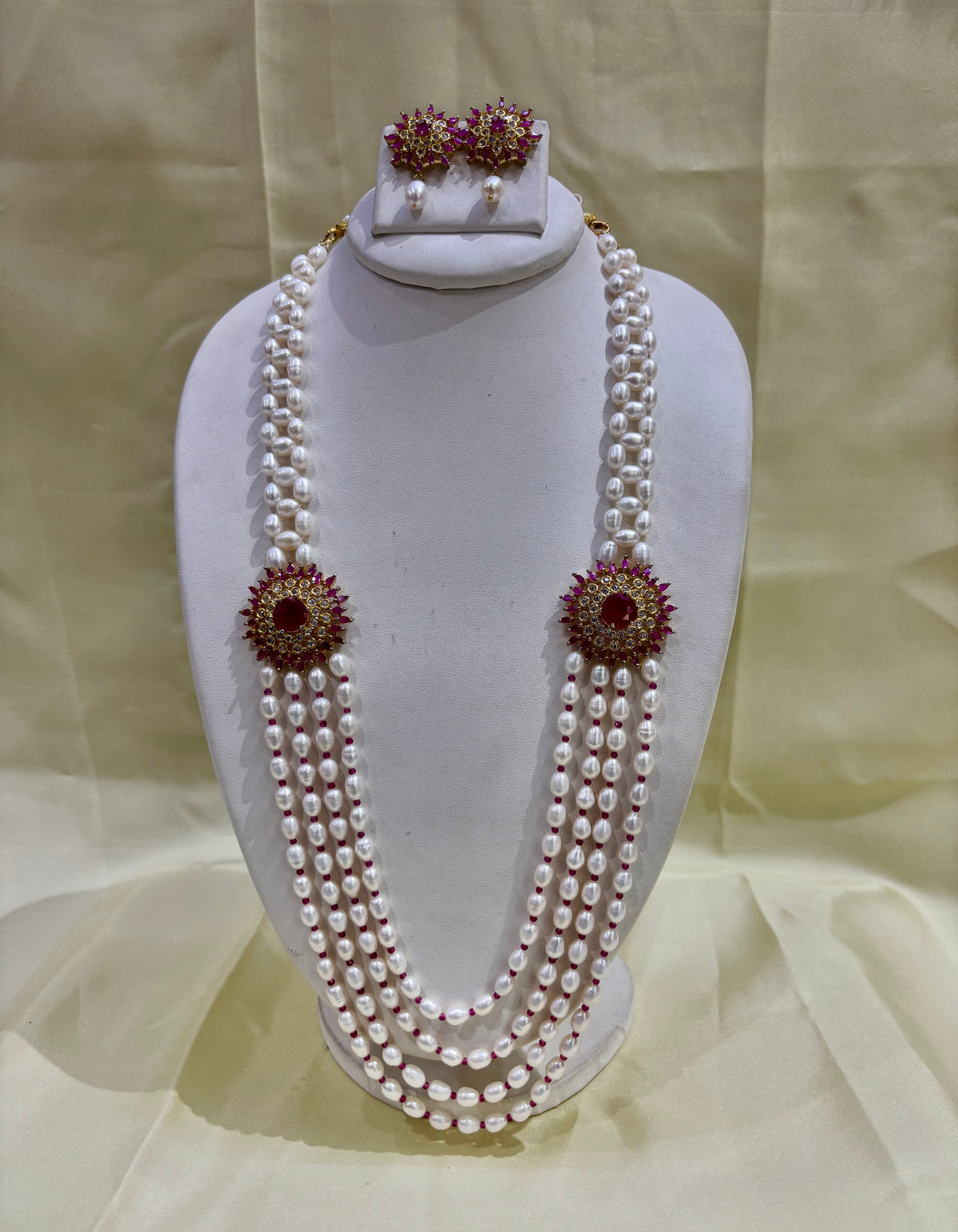 Ruby Red Stone Freshwater Pearl Multi-Strand Necklace Set
