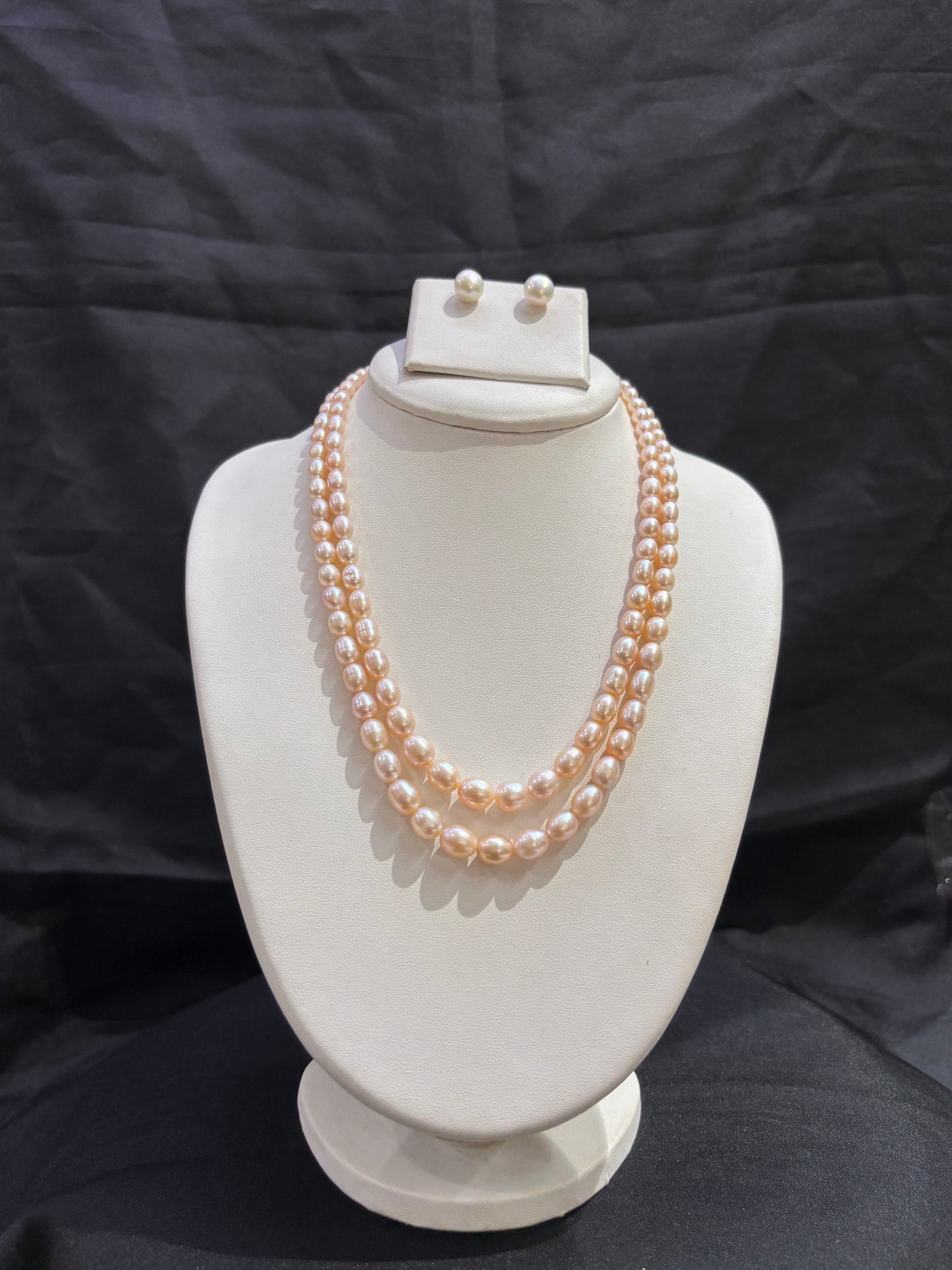 Elegant Peach Pink Double Layer Freshwater Pearl Necklace Set