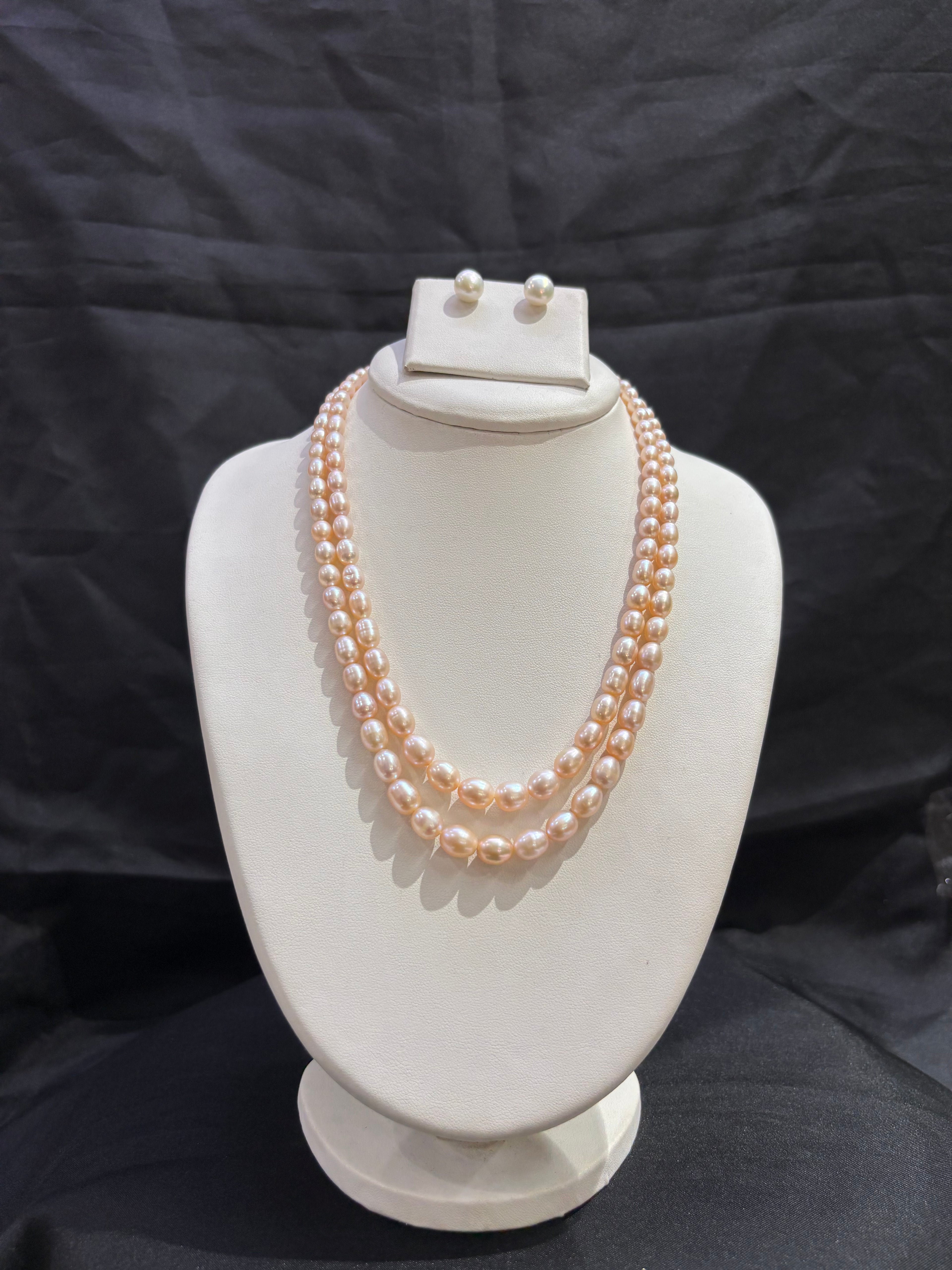Elegant Peach Pink Double Layer Freshwater Pearl Necklace Set