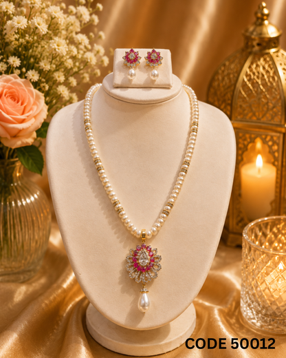 Freshwater Pearl Necklace Set with Ruby Pink CZ Pendant – Code 50012
