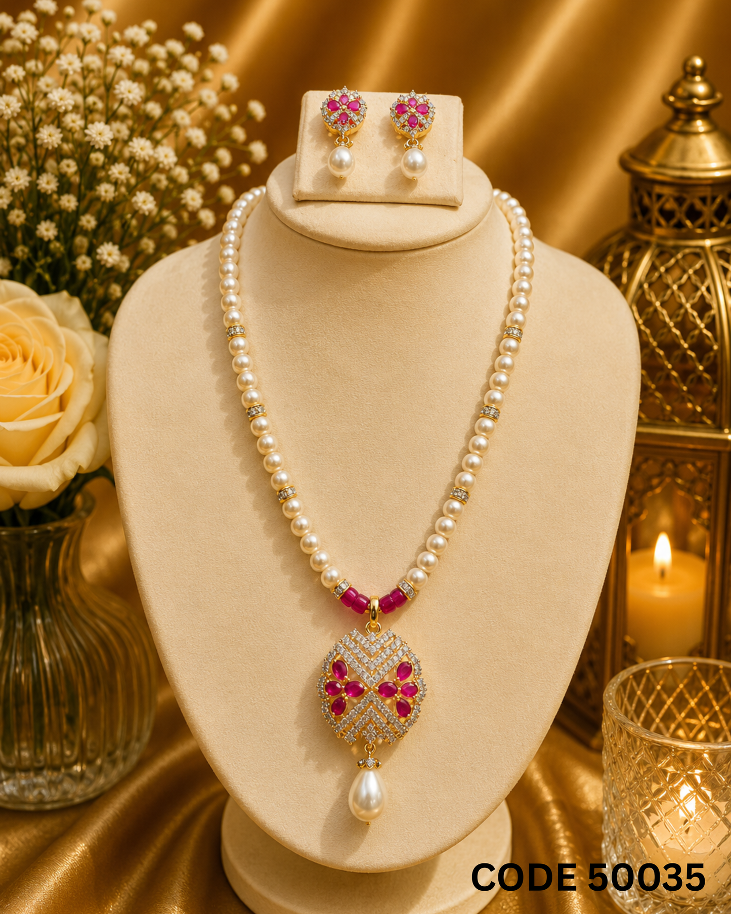 Pearl Necklace Set with Ruby Pink Stone Pendant & Earrings – Code 50034