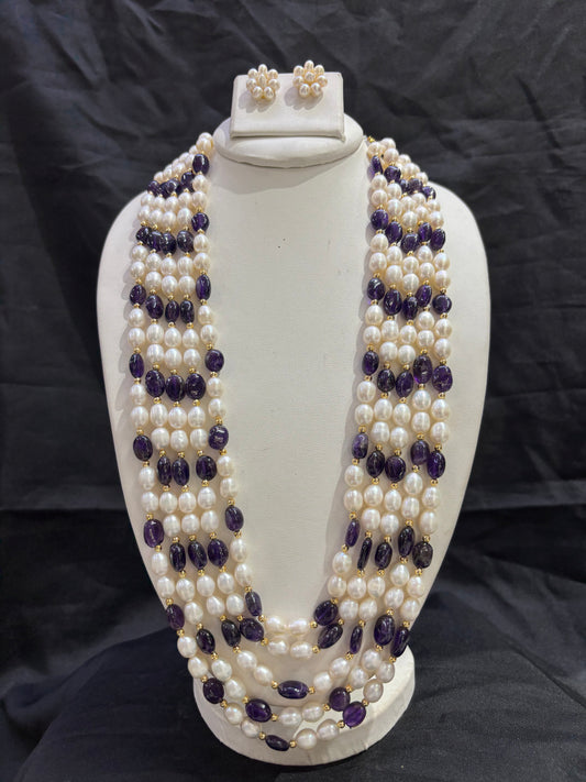 Luxury Amethyst & Freshwater Pearl Multi-Line Necklace Set with Floral Pearl Earrings