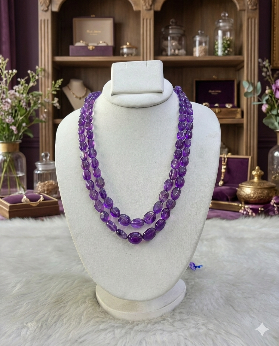 Natural Amethyst Double Layer Beaded Necklace