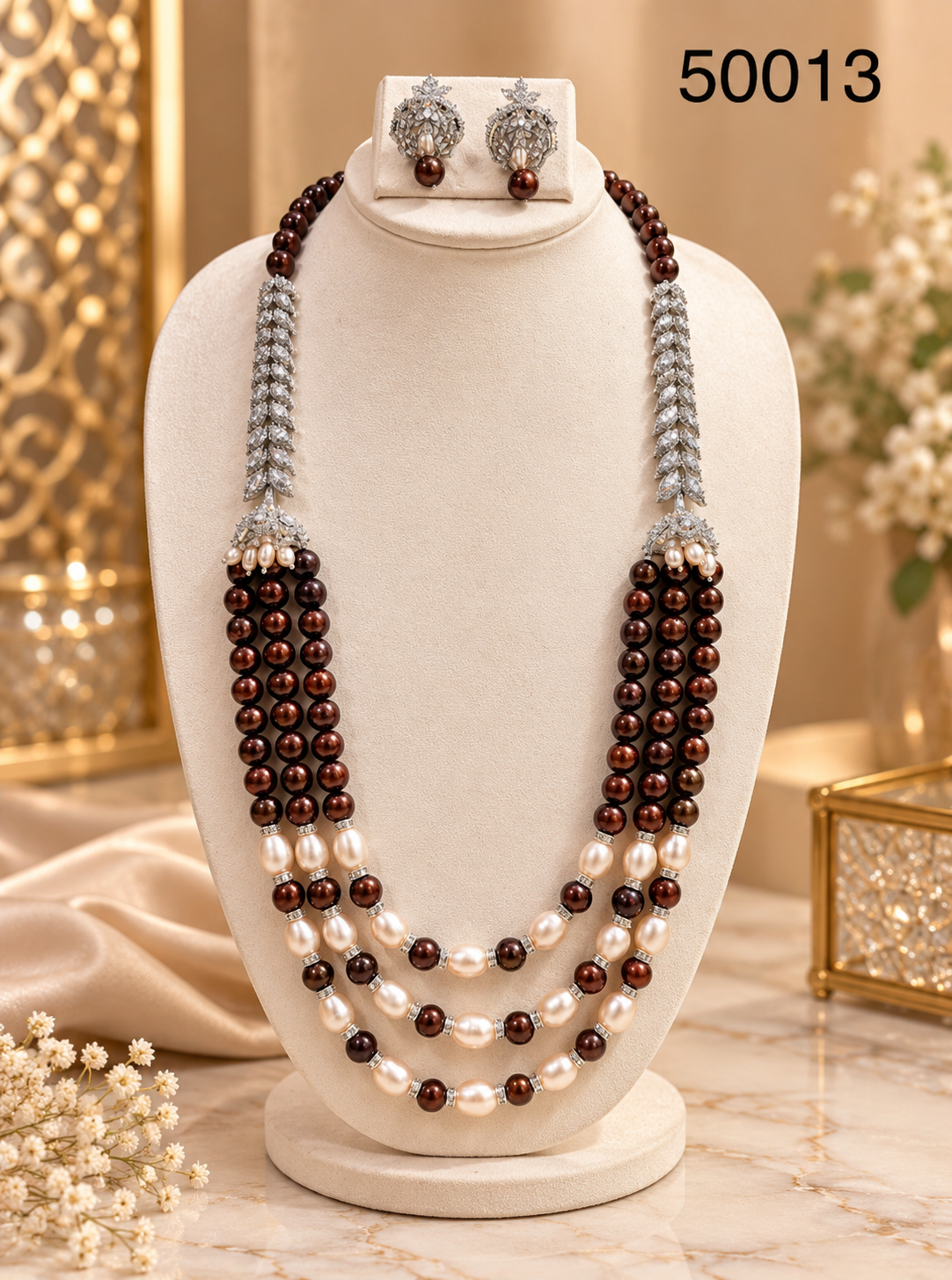 Brown & White Freshwater Pearl Multi-Strand Necklace Set
