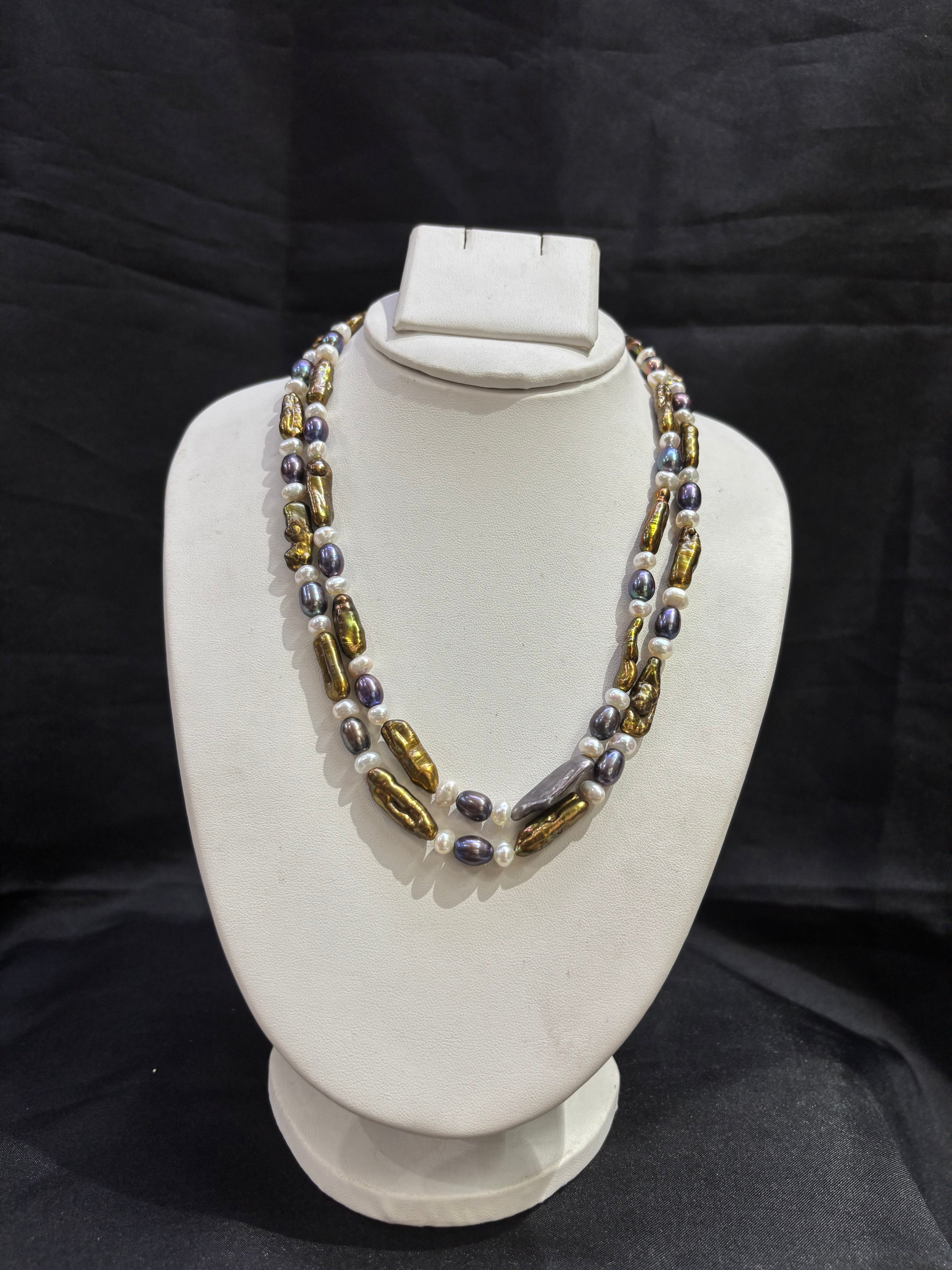 Double Layer Multicolor Biwa Pearl Necklace