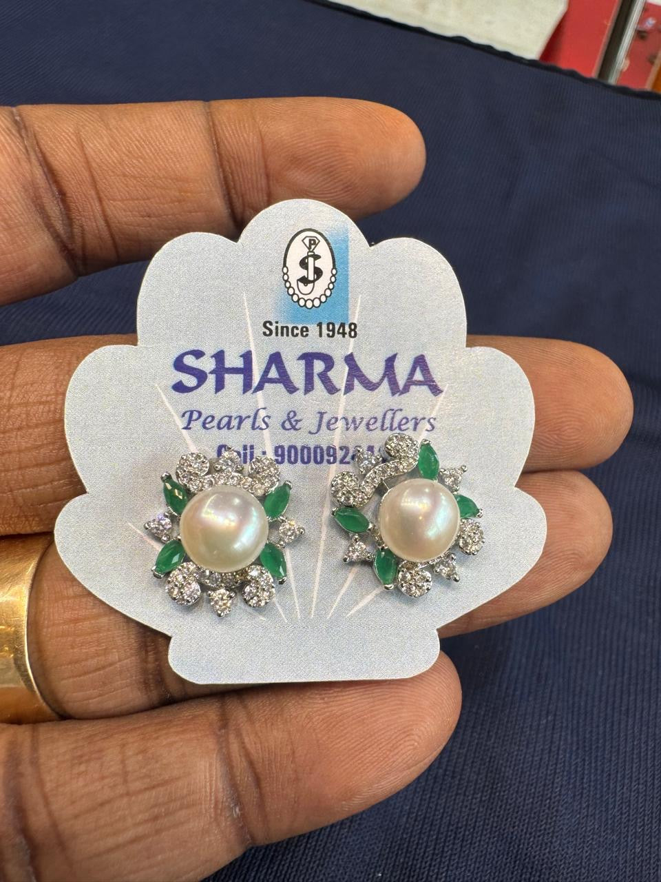 Green Stone Pearl Floral Stud Earrings – Code 7007