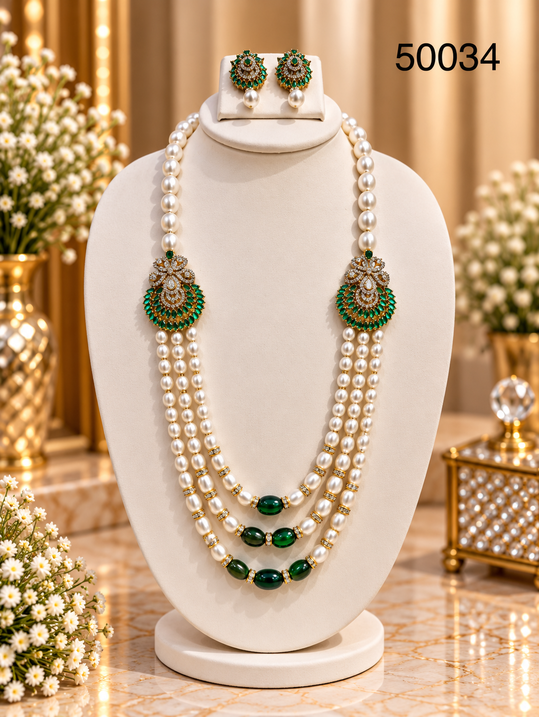 Green Pearl Multi-Strand Necklace Set with Emerald Designer Motifs