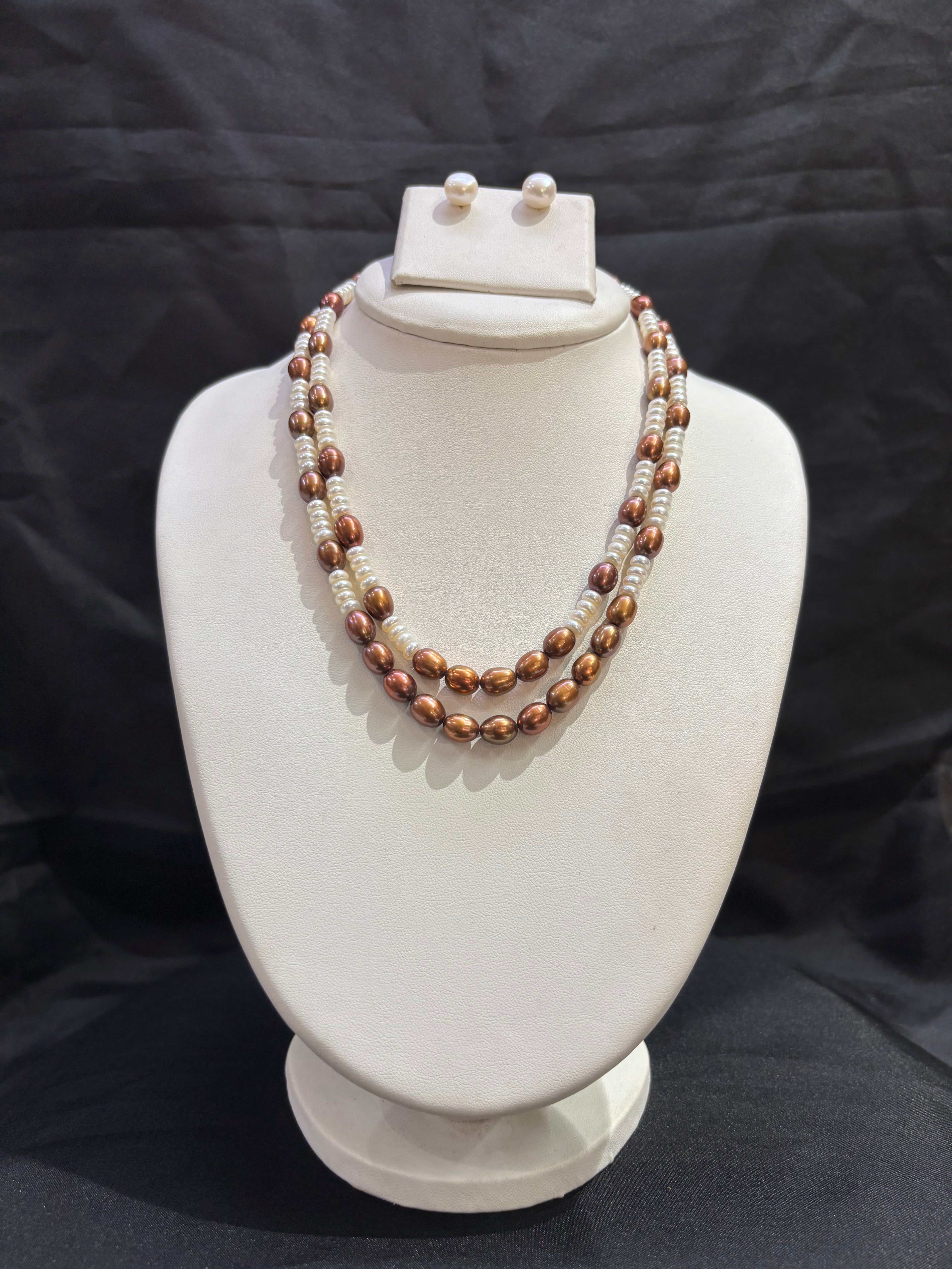 Elegant Double Layer Copper & White Freshwater Pearl Necklace Set