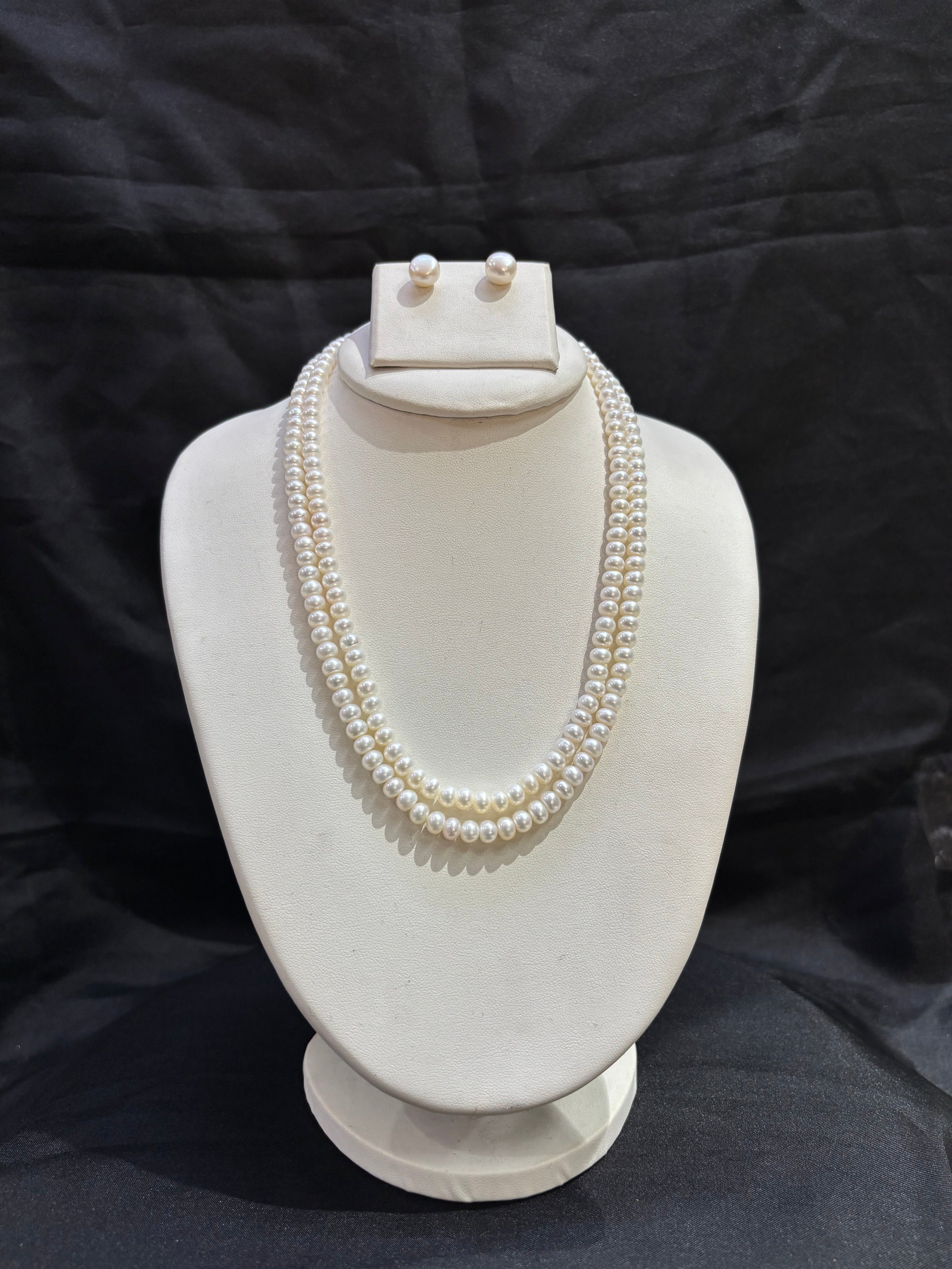 Classic Double Layer White Freshwater Pearl Necklace Set