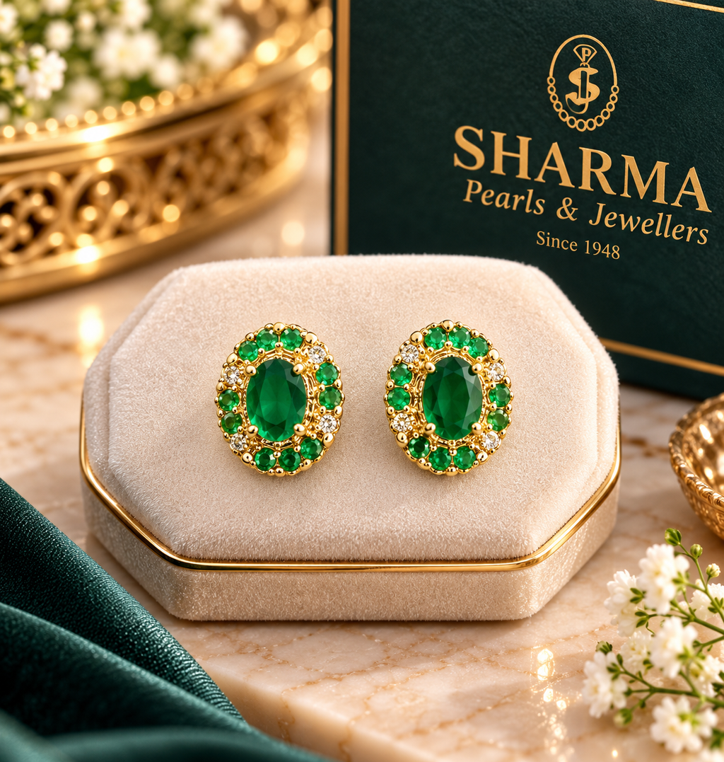 Green Stone Gold Oval Stud Earrings – Code 7022