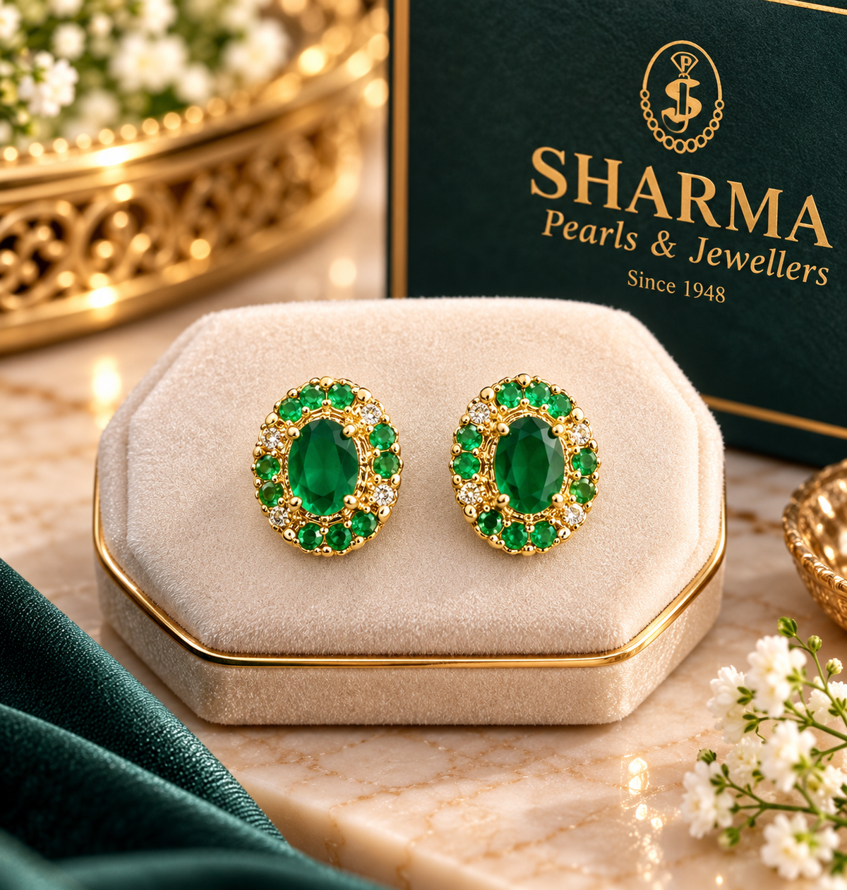 Green Stone Gold Oval Stud Earrings – Code 7022
