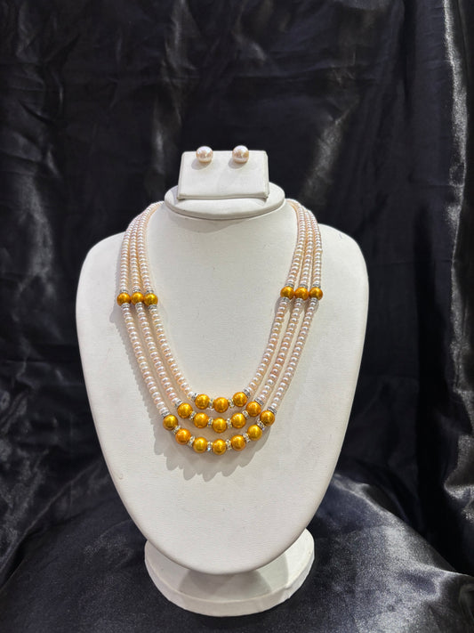 Luxury Golden Pearl Triple Layer Necklace Set