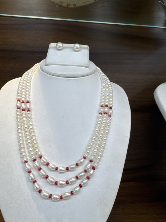 Pearl and ruby mala 3layer