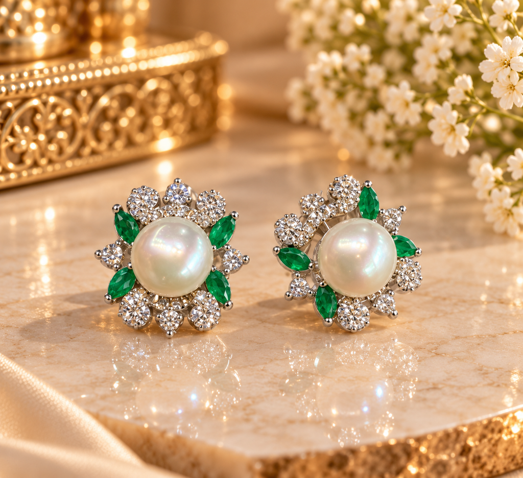 Green Stone Pearl Floral Stud Earrings – Code 7007