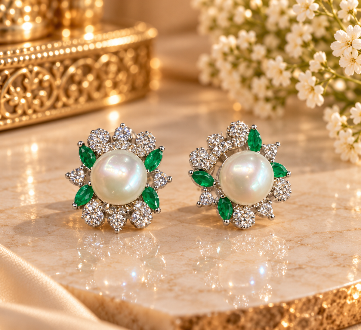 Green Stone Pearl Floral Stud Earrings – Code 7007