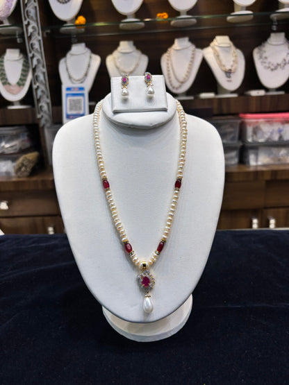 Pearl & Ruby Necklace Set with Earrings
