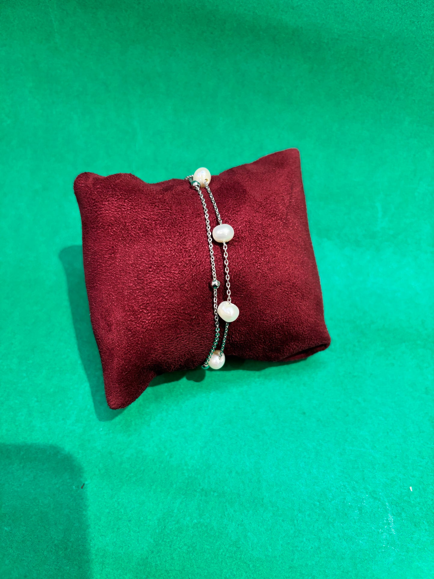Delicate Freshwater Pearl Double Chain Bracelet – Silver Finish