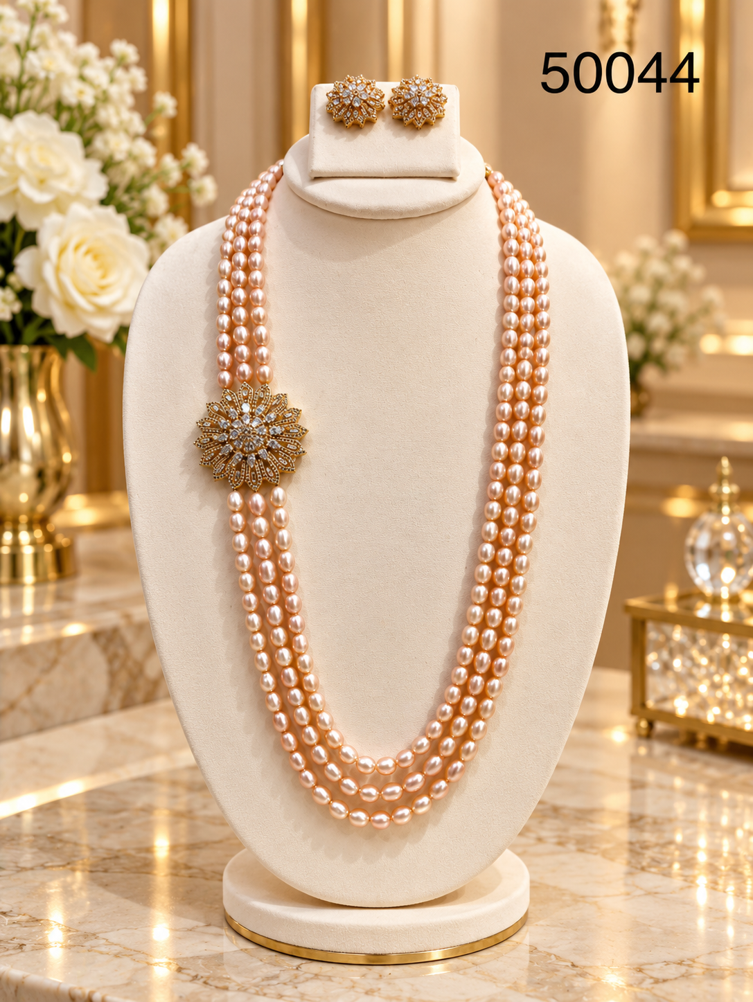 Rose Pink Pearl Multi-Strand Necklace Set with Floral Design