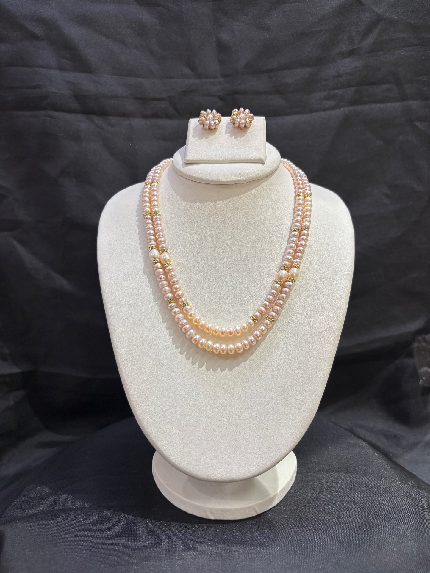 Luxury Double Layer Pink Freshwater Pearl Necklace Set with Floral Earrings