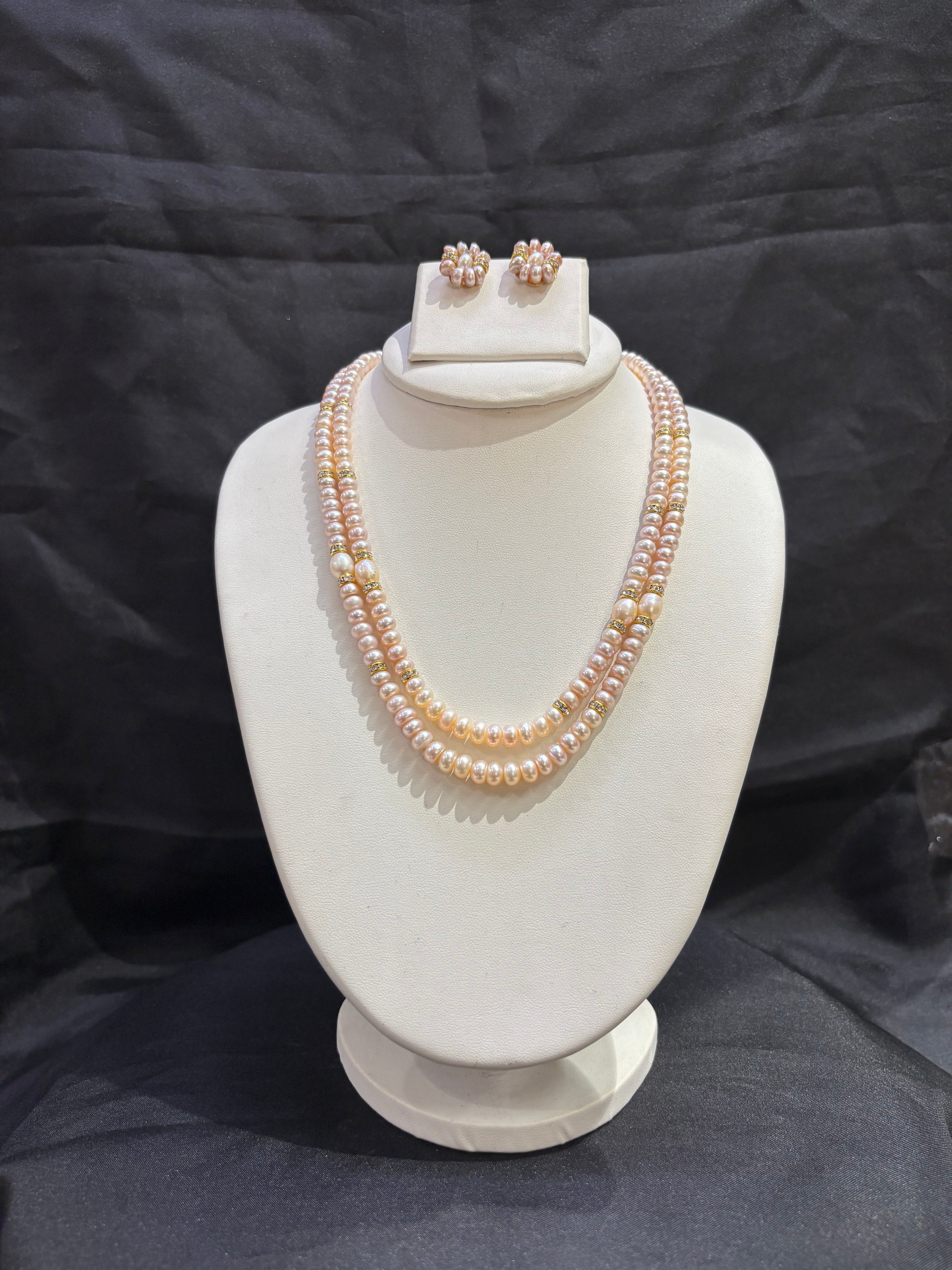 Luxury Double Layer Pink Freshwater Pearl Necklace Set with Floral Earrings
