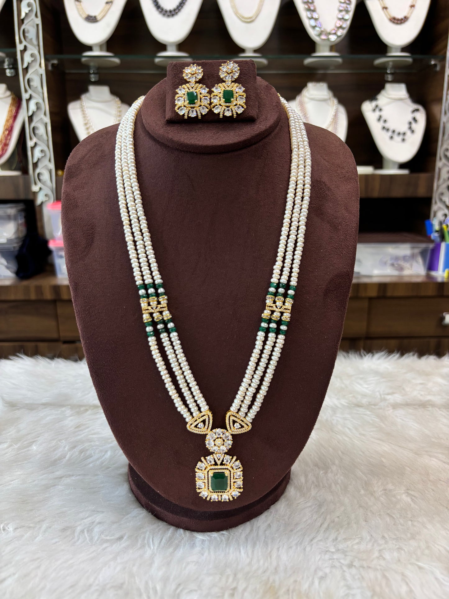 Royal Triple Layer Pearl Necklace Set with Green Stone Pendant & Earrings