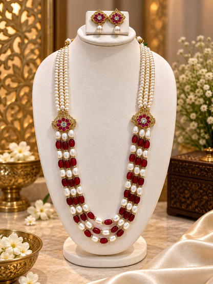 Ruby Red Stone Freshwater Pearl Multi-Strand Necklace Set