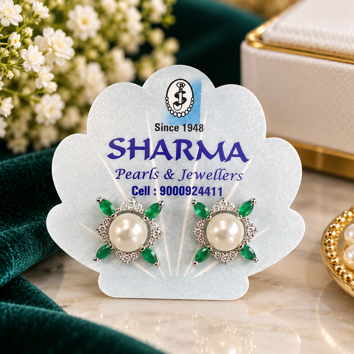 Green & Pearl Stud Earrings – Code 7024