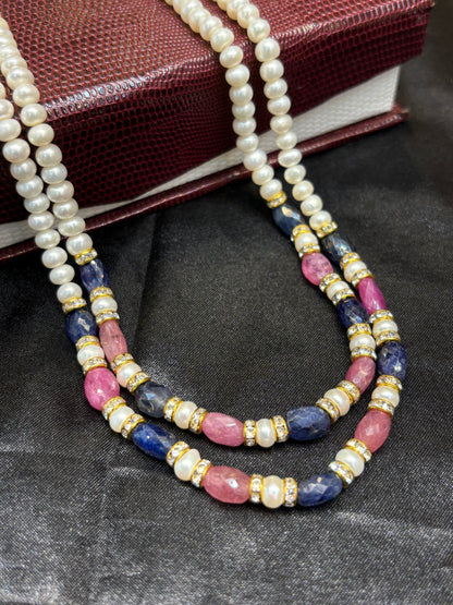 Premium Freshwater Pearl Necklace with Sapphire & Pink Gemstone Accents