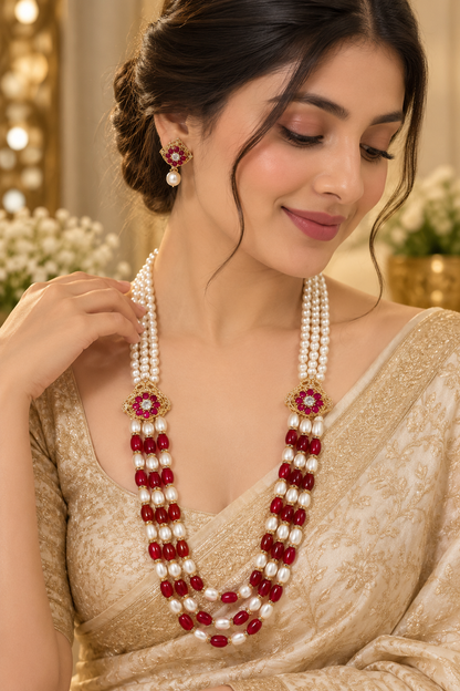 Ruby Red Stone Freshwater Pearl Multi-Strand Necklace Set