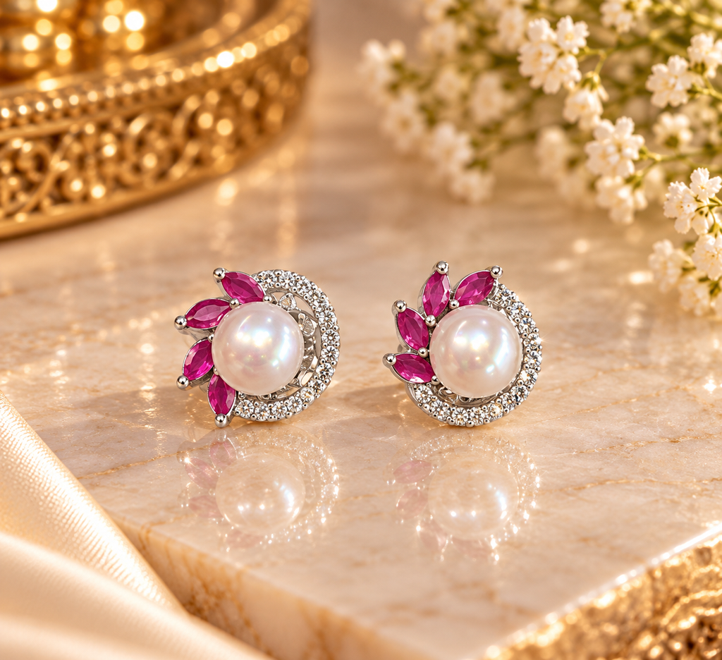 Pink Stone Pearl Stud Earrings – Code 7006